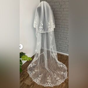 Wedding Veil - Ivory Lace Leaf /Vine Embroidered Veil with Blusher, Handmade